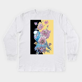 Blue Budgie and Rose Watercolor Painting on Yellow and Black Kids Long Sleeve T-Shirt